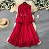 French Elegant Red Flared Sleeve Lace Dress Women's Long Sleeve Waist Slim Fit Light Luxury A-shaped Long Dress Commuter