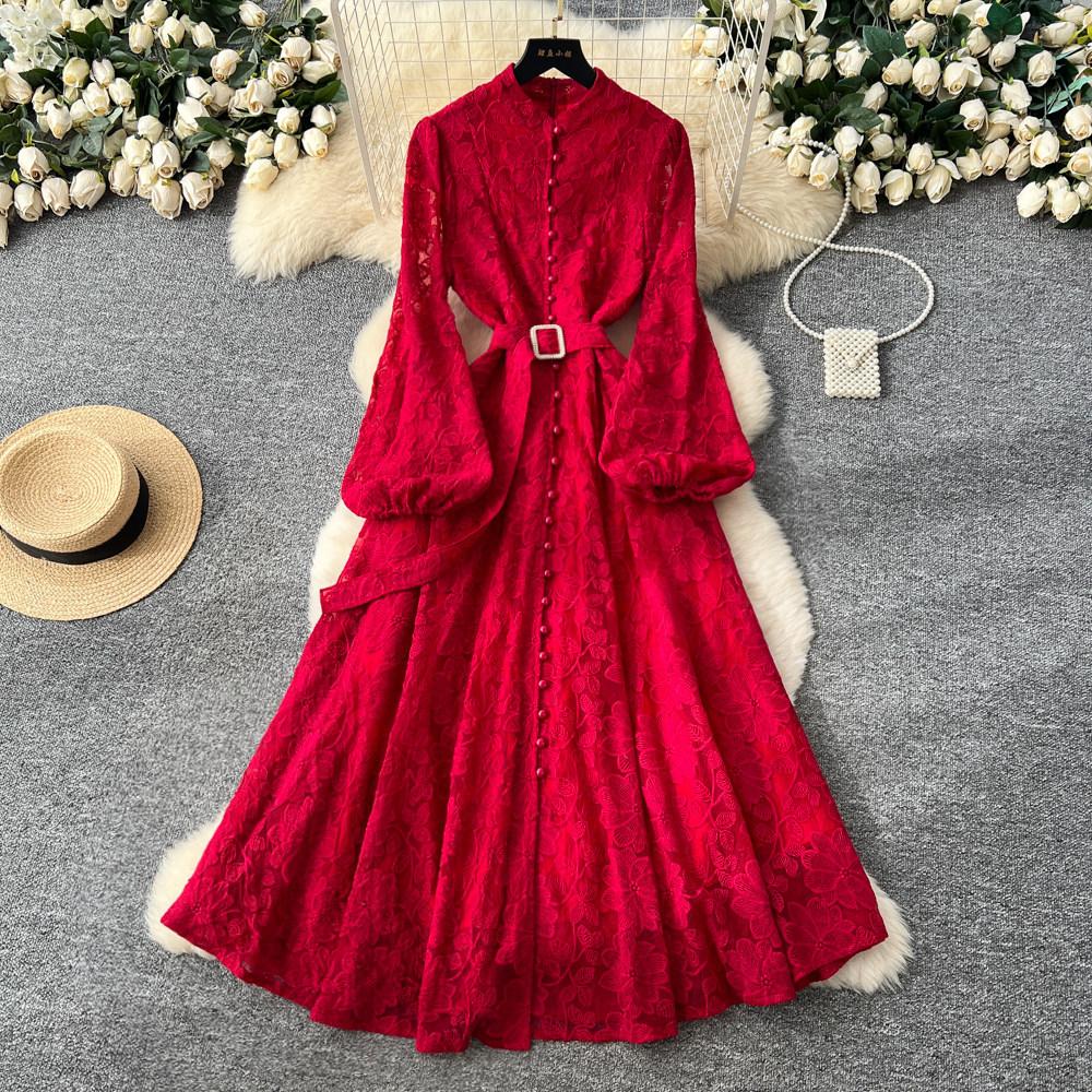 French Elegant Red Flared Sleeve Lace Dress Women's Long Sleeve Waist Slim Fit Light Luxury A-shaped Long Dress Commuter