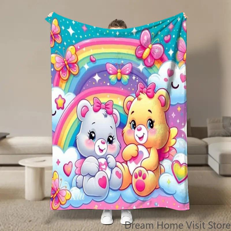 Cute Rainbow Bears Anime Flannel Blanket Pikachu Figures Home Sofa Lunch Break Blankets Children Student Blankets Nap Cover Kids