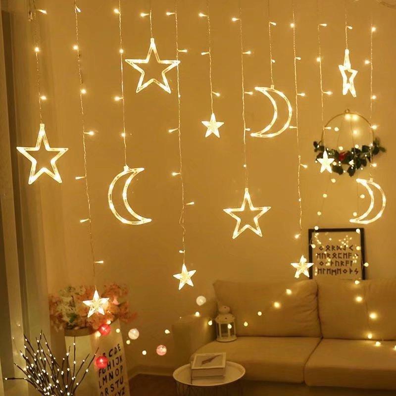 LED Star Moon Curtain String Lights with Battery & USB for Bedroom Décor