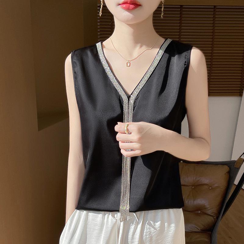 Шелковый топ-майка с кисточками - Женский атласный топ без рукавов с V-образным вырезом на лето XL чёрный