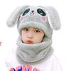 Double Fleece Coral Velvet Cap Cartoon Rabbit Scarf Thicken Cap Winter Kids Caps  Children