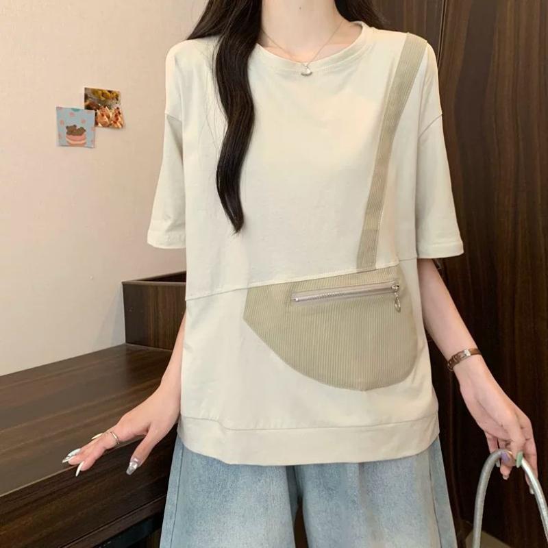 Vintage Reißverschlusstaschen Patchwork Locker Trend Oberteile Sommer Kurzarm Einfarbig Locker Mode T-Shirts Lässig Koreanische Damenbekleidung