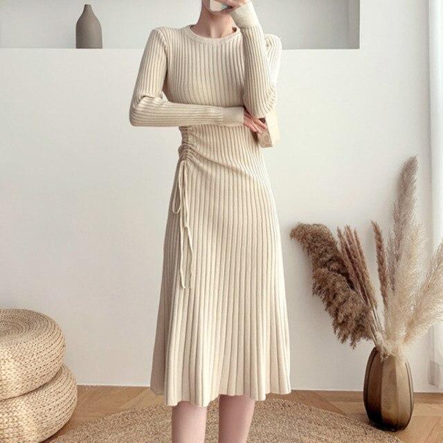 

Осенний модный повседневный свитер-миди с завязками, женские элегантные трикотажные платья с однотонным низом, новинка One Size абрикосовый