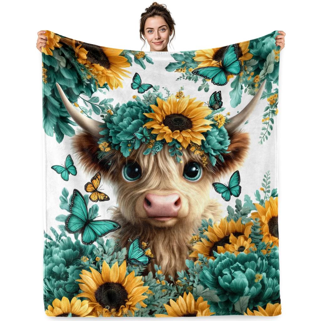 Cute Highland Cow Fleece Blanket Soft Cozy Farm Animal Flannel Throw Blanket for Farmhouse Bedroom Sofa Couch Outdoor Travel