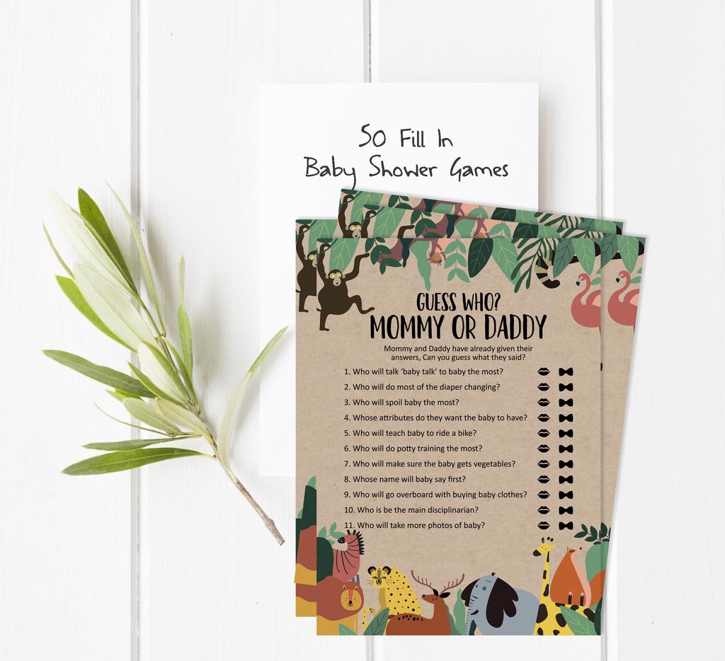 Inkdotpot Mommy Or Daddy Who Said it Game Gender Neutral Greenery & Animals Set of 50 Fun Baby Shower Game Rustic Kraft Party Supply