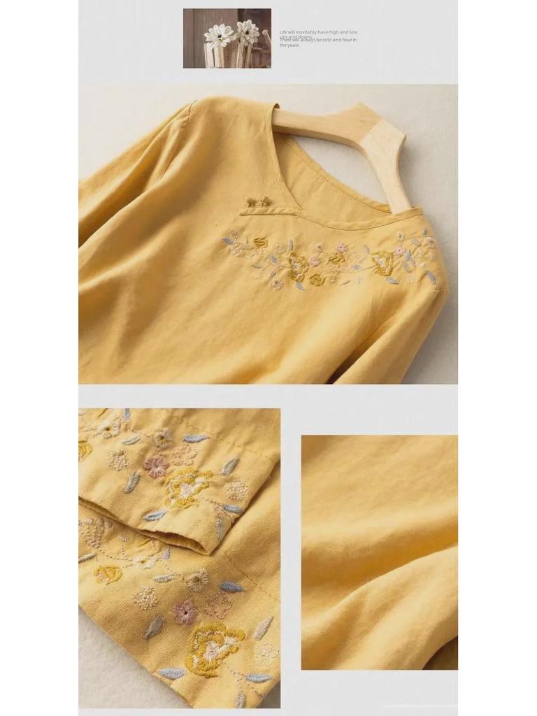 Autumn 2022 Women's Cotton-Linen Literary Style Three-Quarter Sleeve Loose Fit T-Shirt