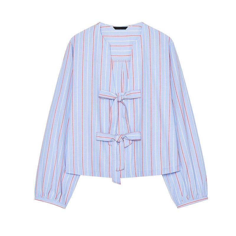 Spring New Women's Clothing Contrast Color Seized Line Bowknot Decoration Poplin Shirt Tops 0387058 2298085