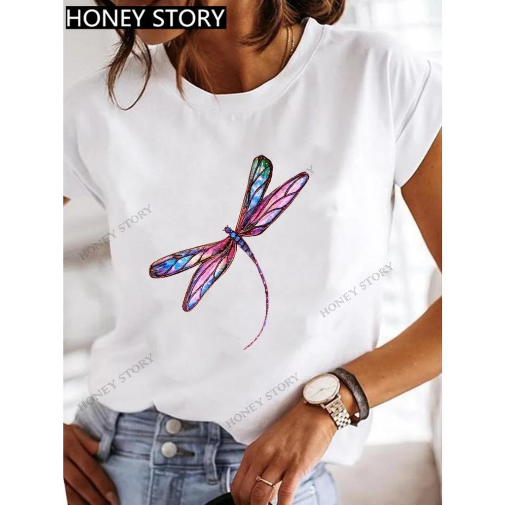Dragonfly butterfly print blouse loose women's short-sleeved T-shirt round neck casual fashion daily