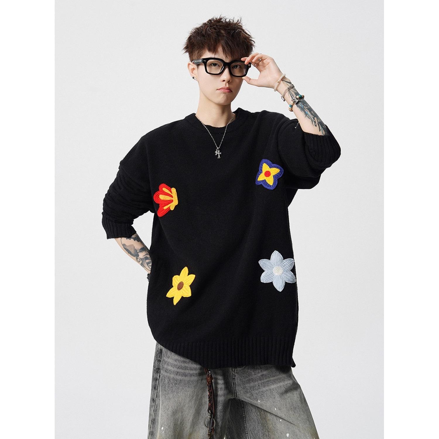 

American floral embroidery heavy crew neck sweater men s trendy brand autumn loose design versatile casual black top 3XL