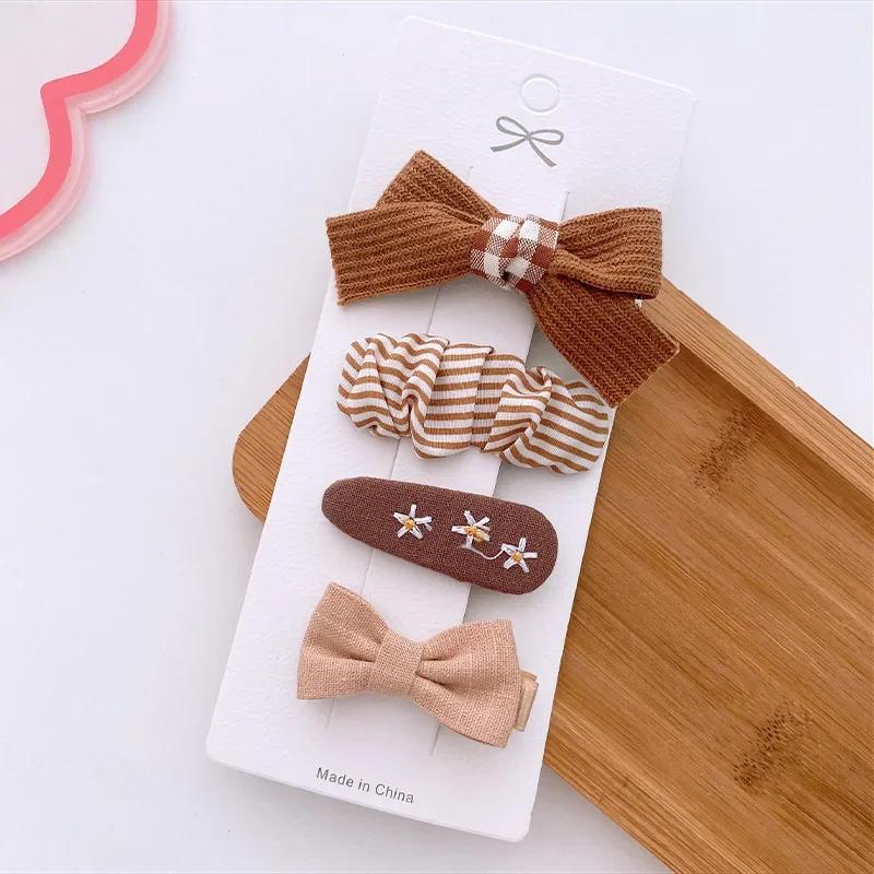 4pcs/set Beige Coffee Color Elegant Hair Clip for Young Kids Sweet Retro Floral Bow Children Barrettes Cute Hair Accessories