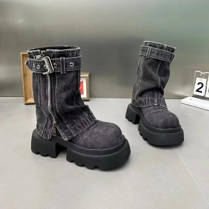 Fashion Denim Women Boots for Cowboy Mid-calf Boots Zipper Ladies Platform Boots Mid Heels Designer Shoes 2025 Motorcycle Boot Zapatos