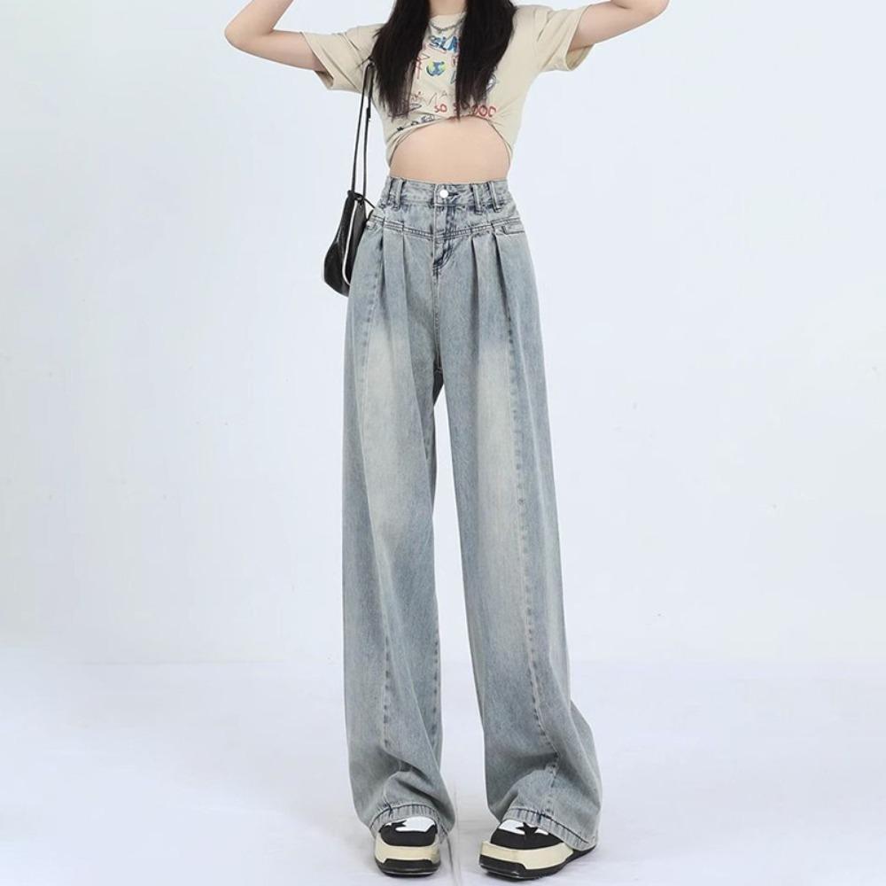 Trend loose wide-leg jeans women's spring and autumn new high-waisted and thin straight drape floor-mopping jeans
