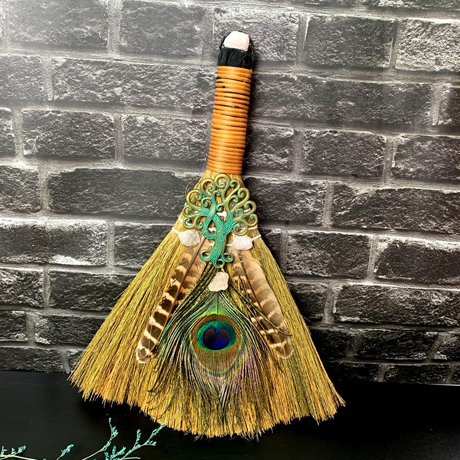 Big Broom Natural Amethyst Life Tree Halloween Peacock Feather Eye Altar Ornament  Witch Mini Broom Home Decoration Handicrafts