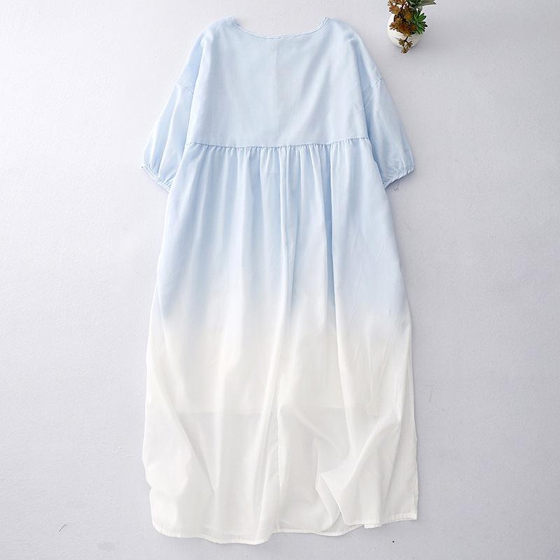 

2025 лето новый карман двухслойный праздничный ветер градиент цвета свободное платье феи женское круглый вырез рукав три четверти длинное платье XL синий