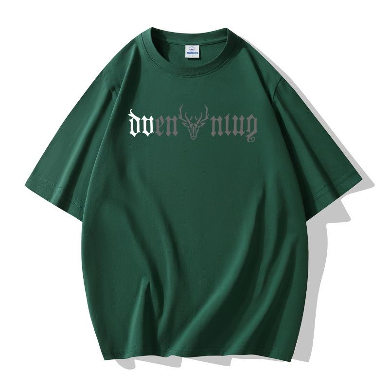 

Мужская свободная футболка с короткими рукавами и рисунком головы оленя, 100% хлопок, большой размер S темно-зеленого