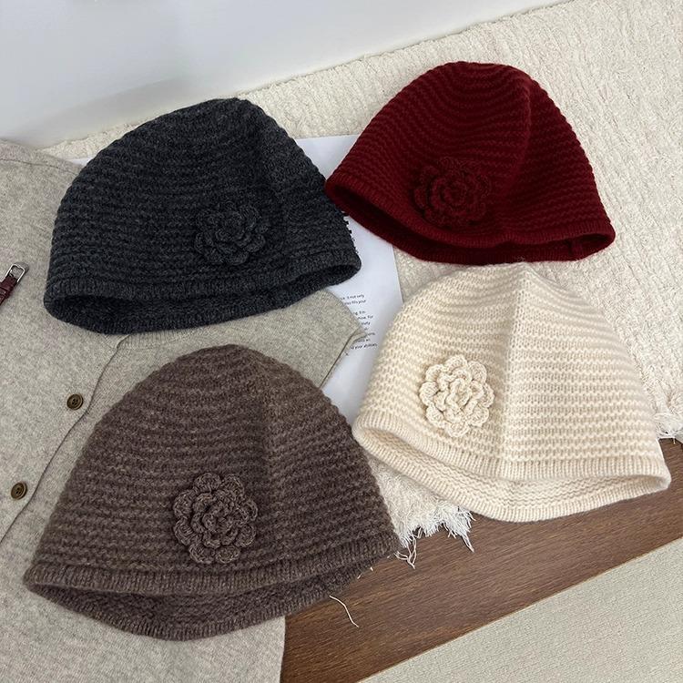 All Wool Flower Hat for Women Sweet and Handcrafted Woolen Knitted Hat  Winter Warm Ear Protecting Hat