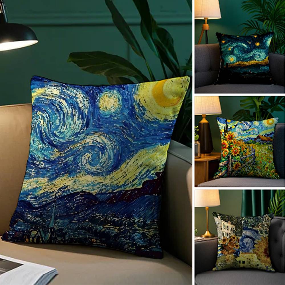 Starry Night Van Gogh Pillow Case Plush Fabric Soft Pillowcase Double Sided Print Sofa Cushion Cover Throw