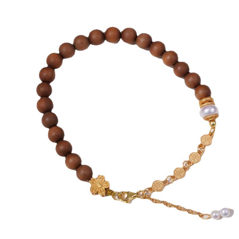 Indian Old Mountain Sandalwood & Pearl Silver-Plated Small Flower Beaded Bracelet