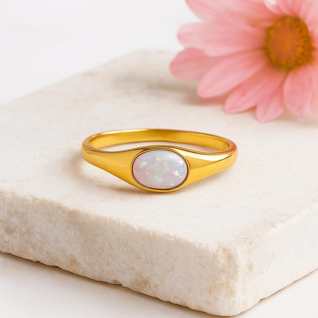 Natural Opal Ring For Him – 925 Sterling Silver Chunky Signet Ring, Yellow Gold Plated Vermeil, Handmade October Birthstone Ring