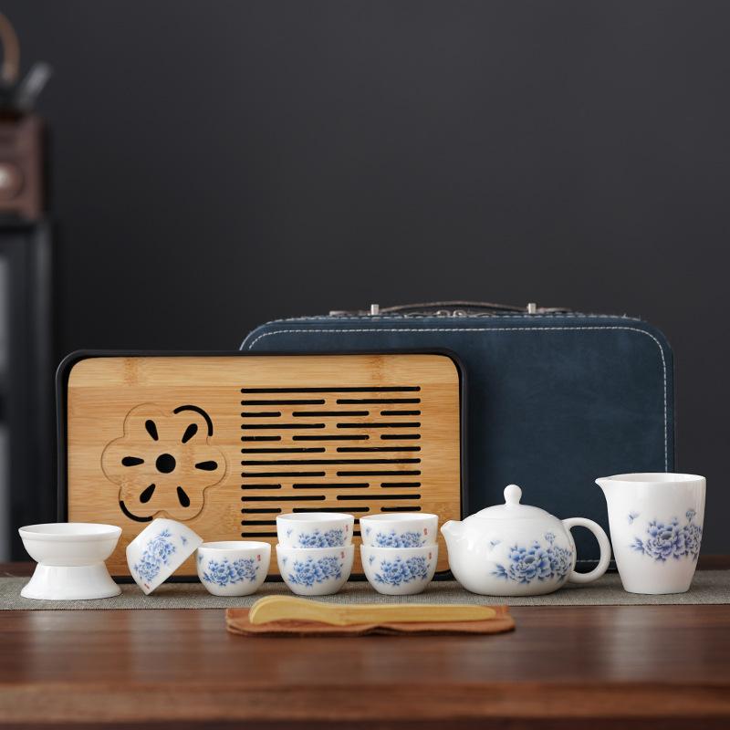 Chinese suet jade travel tea set ceramic white porcelain teapot tea tray gift box business gifts can be printed