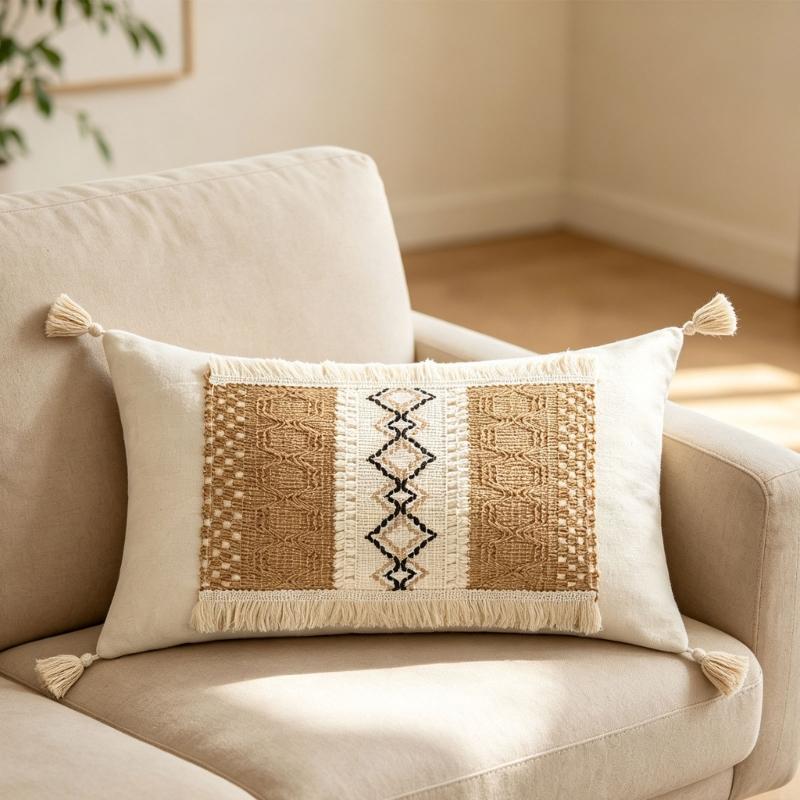 Tassels Throw Pillow Cover with Geometric Woven Texture, Neutral Farmhouse Cushion Cover for Living Room Bed Accent Decors