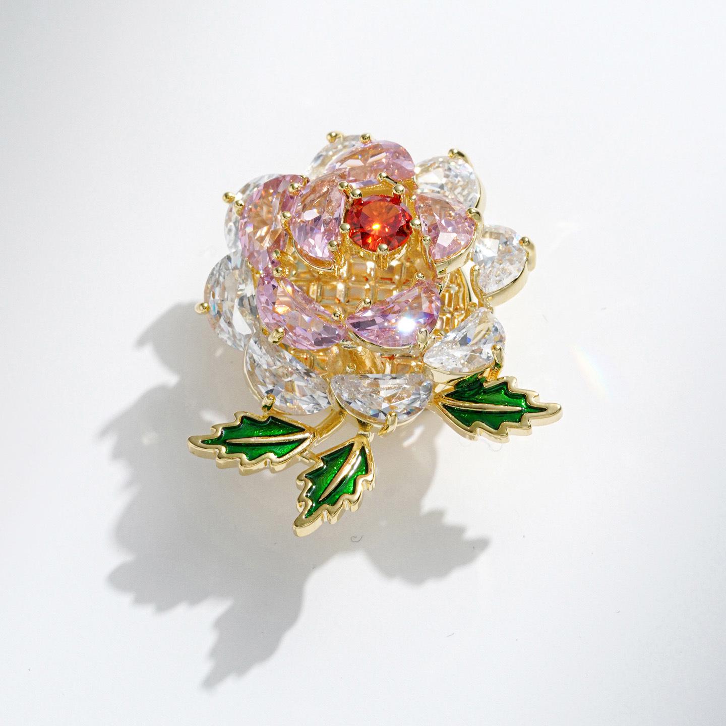 Gold-Plated Copper Camellia Brooch with Enamel  Crystals, Magnetic Buckle Lapel Pin Accessory