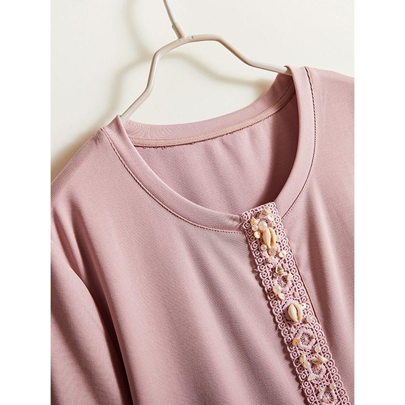 Breathable and Sweat-Free! Women's Summer DIY Beaded round Neck Short-Sleeved Woven Cotton Pure Color Series T-shirt Welfare Fans Tops