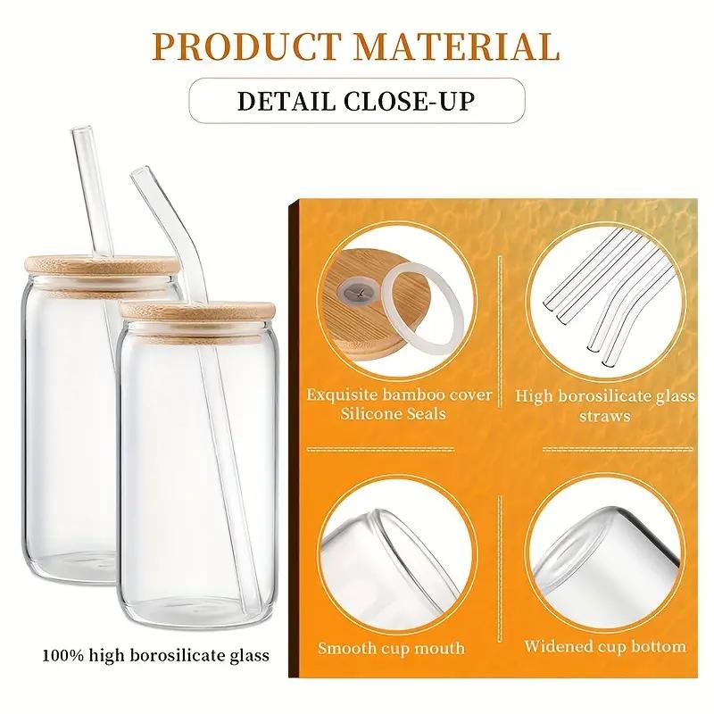 Reusable Glasses with Bamboo Lids and Glass Straw Beer Can Shaped Drinking Glasses Iced Coffee 2 Cleaning Brushes 17oz 4Pc Set