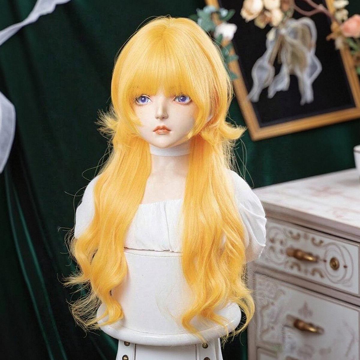 

Lolita Style Bright Gold Long Curly Wig with Bangs, Simulated Scalp Natural Big Wave for Daily Cosplay synthetic