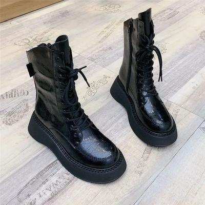 Fashion Ladies Mid Calf Shoes New In Lace-up With Laces Women's Half High Boots Platform Hot Pu Demi-season Winter 2024 Novelty Spring