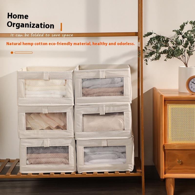 Faltbare Aufbewahrungsbehälter mit durchsichtigem Fenster - Leinenstoff Kleider Organizer Box für Regale, Schrank, unter dem Bett