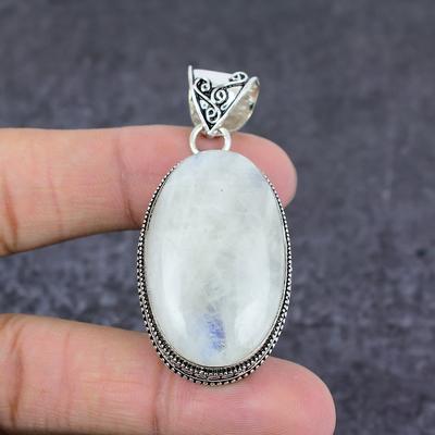 Natural Rainbow Moonstone Gemstone 925 Sterling Silver Gift Pendant 2.25" Z9H31