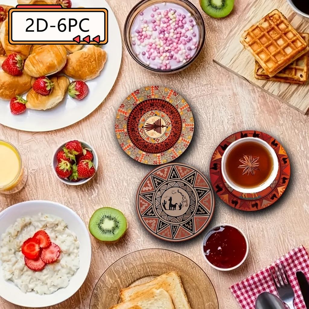 6 Pieces 2D Wooden Coasters Tribal Totem Pattern Theme Desktop Insulation Mats Home Decor Coffee Cup Coasters Office
