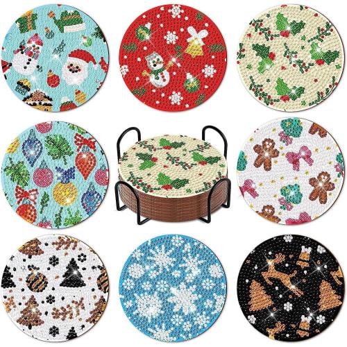 KAKISO 8 Pieces DIY 5D Diamond Painting Coasters with Craft Art Stand, Handmade Diamond Painting - Christmas Decorations, Santa Claus, Snowman, Snowfl