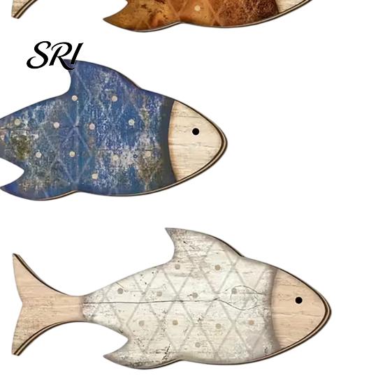 Eco-friendly Wall Decor 3 Pcs Rustic Wood Fish Art Beach Nautical Hanging Living Room Ocean Sculpture for Home Bathroom Solid