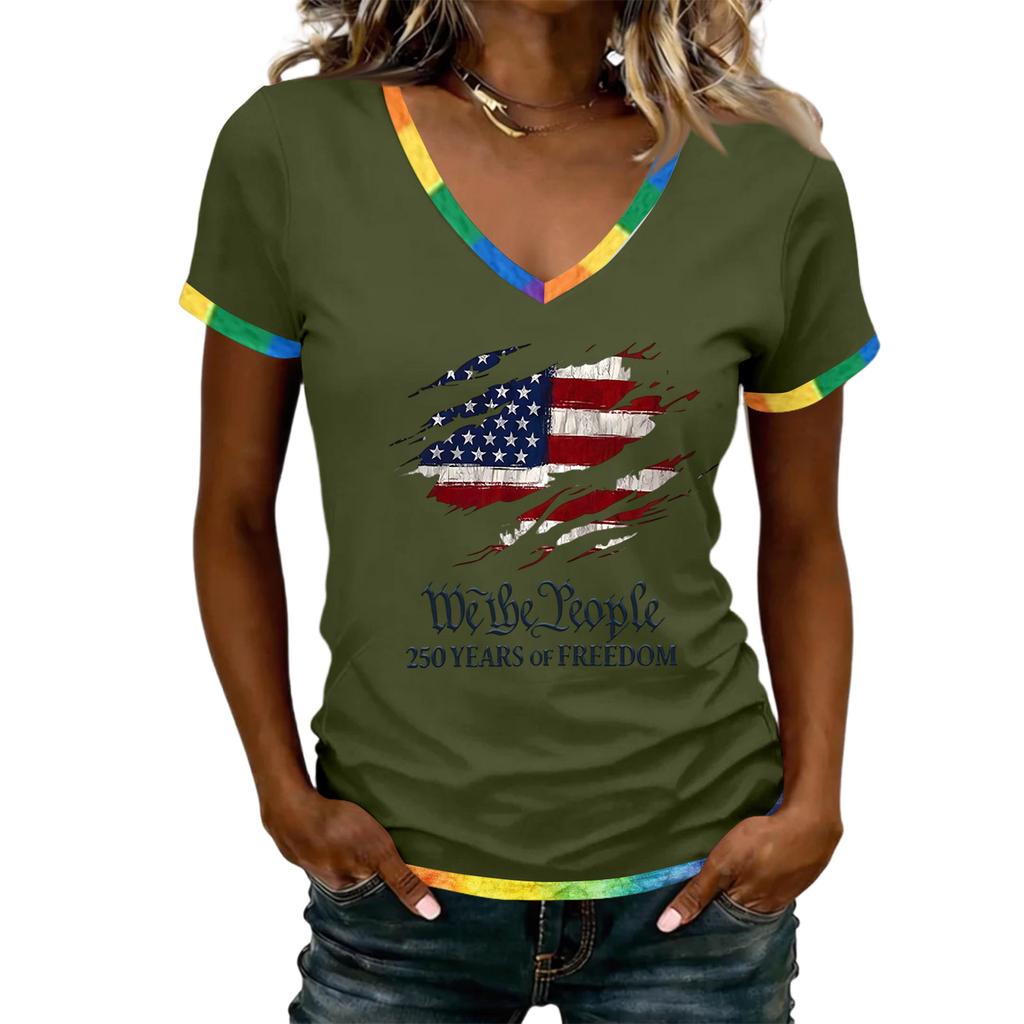 Women Casual Short Sleeve V Neck T Shirt 250th Independence Day Graphic Print Relaxed Fit Lightweight Top for Everyday Wear