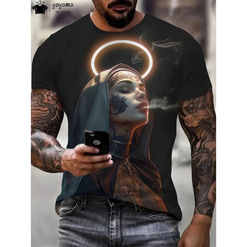 Pánské tričko s 3D grafikou Smoking Nun Černé Ležérní Letní Tričko Krátký Rukáv Polyester Streetwear Trička Vintage Oblečení