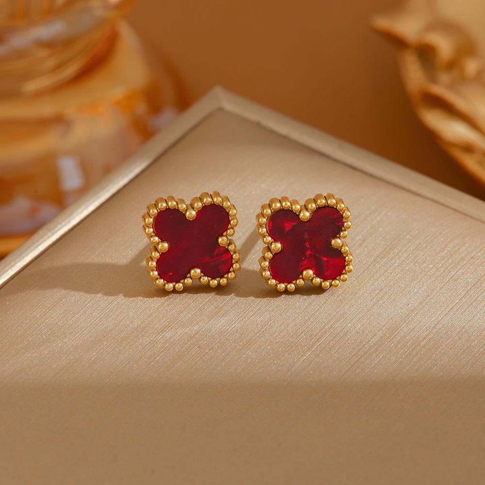 Stunning Four-Leaf Clover Titanium Steel Earrings - Fade-Free, Fashionable, Simple, Versatile, and High-End Mother-of-Pearl Jewelry