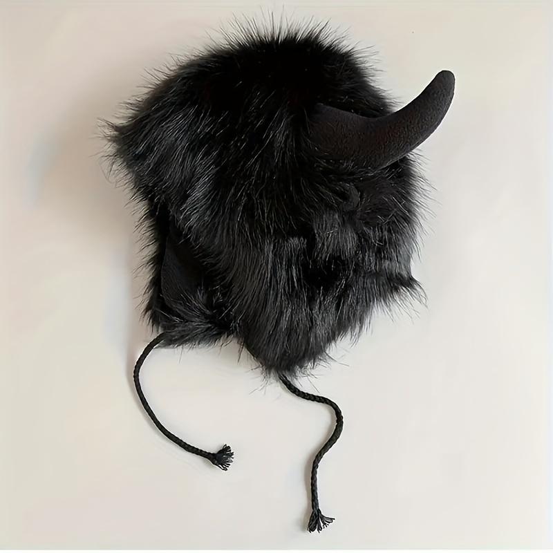 Women's Cow Skull Fisherman Hat with Faux Fur Horns - Winter Warm Ear Protection Beanie, Soft Imitation Mink Material Women