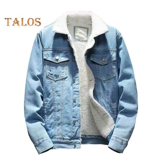 Men Jacket Lapel Long Sleeve Denim Fabric Coat with Flap Pockets Thickened Velvet Lining Warm Button Closure Denim Outerwear