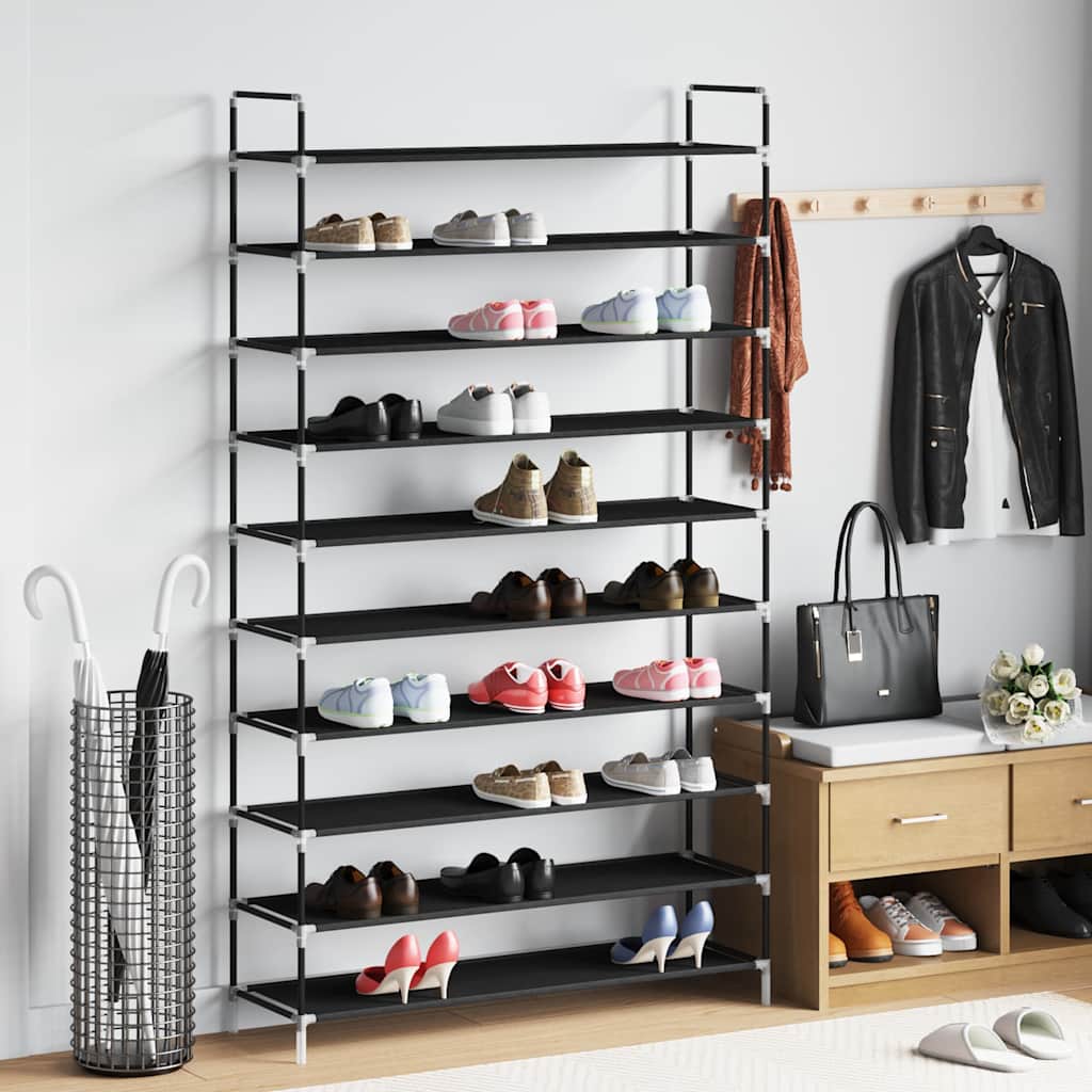 Shoe Rack with 10 Shelves Metal and Felt Fabric Black