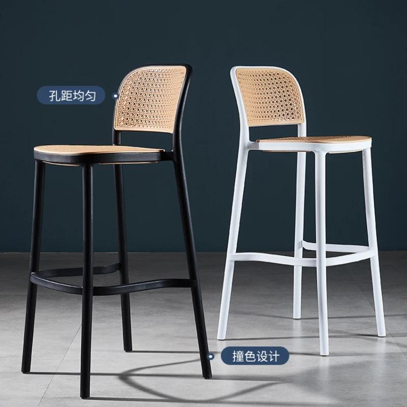 Retro Solid Wood Rattan Bar Chairs Minimalist Bar Furniture Nordic Leisure Backrest Design High Bar Stool Modern Hotel Office