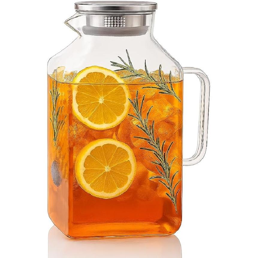 Glass Water Pitcher with Lid and Spout, 68 Ounces Heat Resistant Borosilicate Glass Carafe, Temperature Safe