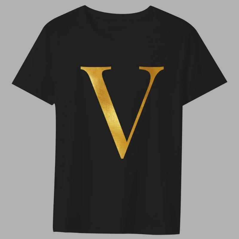 Fashion T-shirt Black Men's 26 English Letters Gold Printing Pattern Series Casual Round Neck Commuter Comfortable Top T-Shirts Men’s