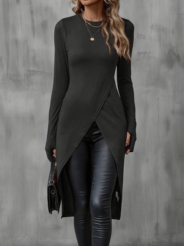 Women's Crew Neck Long Sleeve Tight Long Tunic Top Slim Fit Wrap Front High Slit Long Blouse