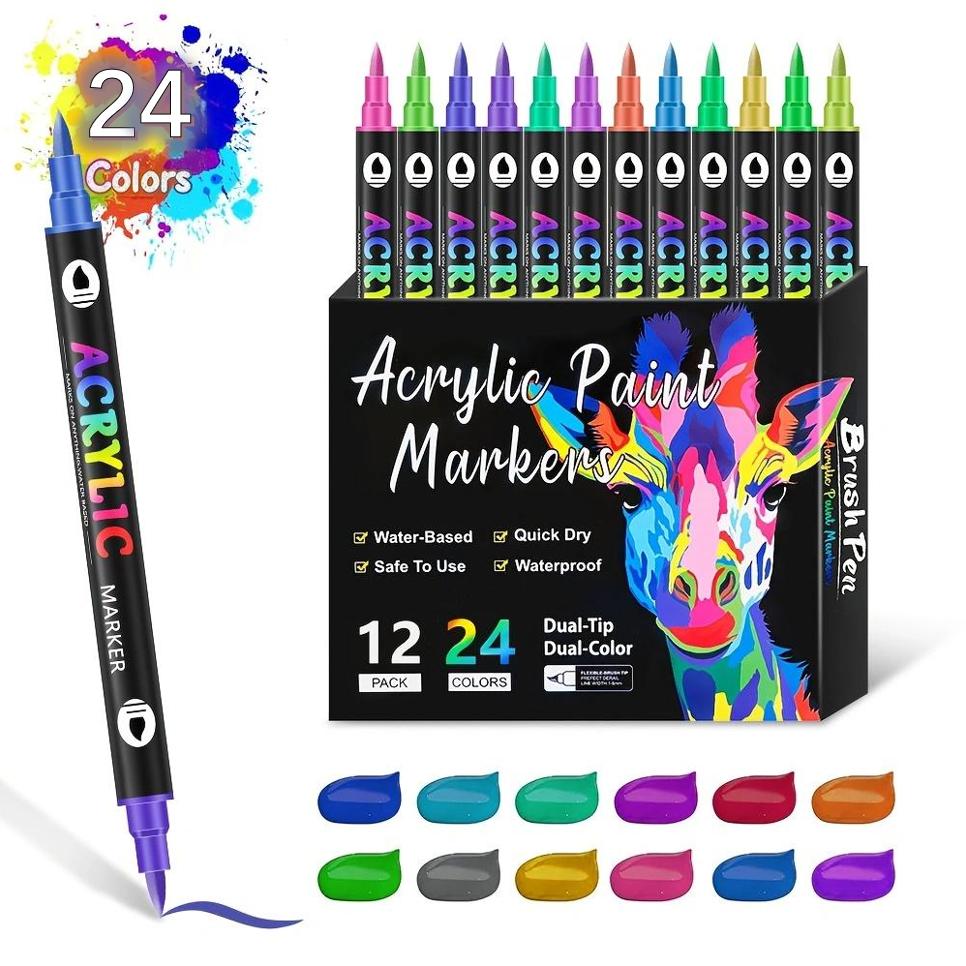 36pcs(72Colors) Dual Ended Two-Tone Acrylic Markers – No Bleeding, Water-Based, Ideal for Rock, Canvas, Wood, Ceramic, Glass