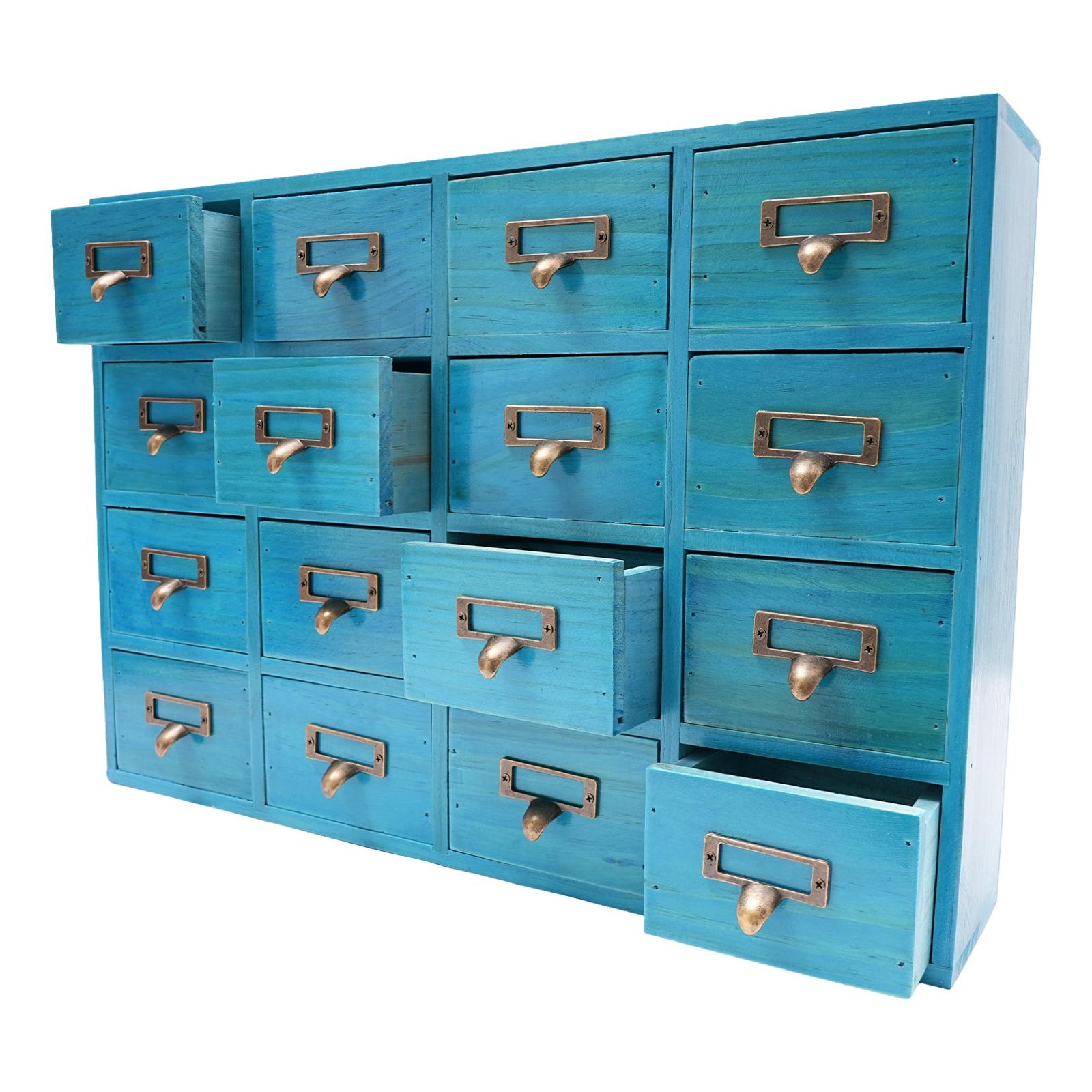 Card Catalog Cabinet Desk Drawer Organizer Wooden Storage Box with 16 Drawers Rustic Storage Drawers Traditional for Home blu