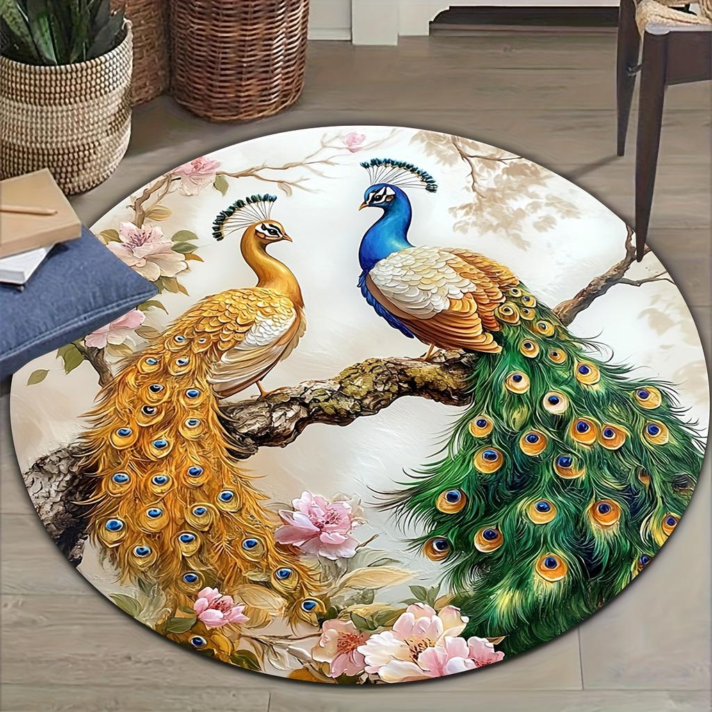 Flannel Printed Round Rug Peacock And Flower Design Elegant Asian Art Home Decor Soft Floor Mat For Living Room Bedroom