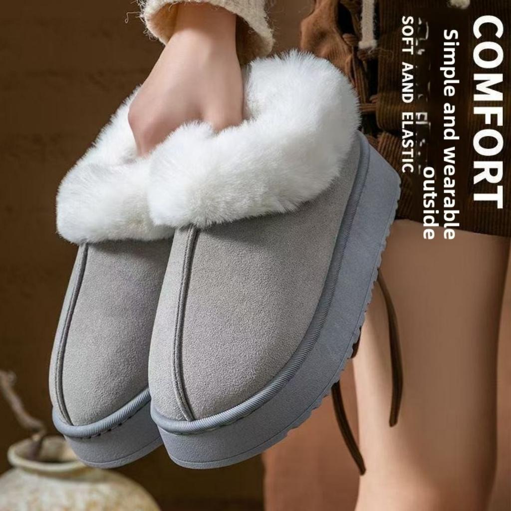 Baumwollpantoffeln mit Keilabsatz für Damen, Herbst und Winter, Plüschisolierung und dicke Sohlen für den Außenbereich, Paar-Baumwollschuhe mit Fell